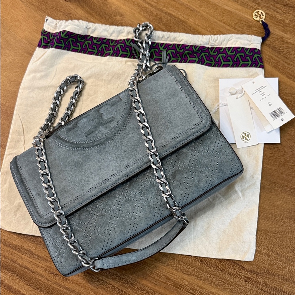 Tory Burch Blue Clay Suede Large Convertible Fleming Shoulder Bag with Tassel - Picture 9 of 9